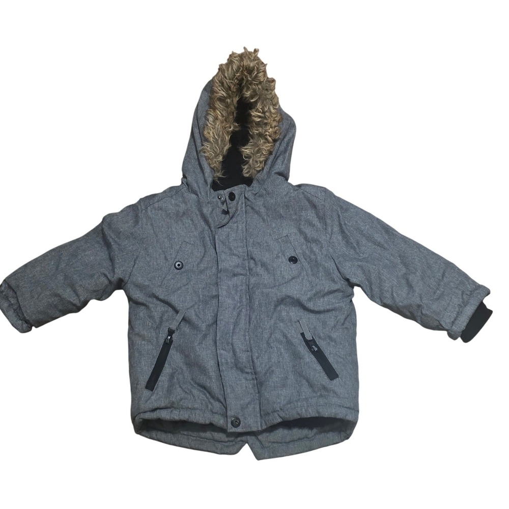 Kiki & Koko Boys Grey Marl Hooded Parka Faux Fur Sherpa Lined Jacket Size 1T-2T‎